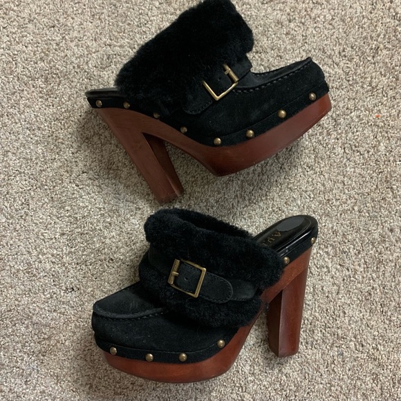 Ralph Lauren Shoes | Ralph Lauren Black Sheepskin Sheep Shearling Wooden High Heel Mules Clogs 5.5 | Color: Black | Size: 5.5 | Groovythreadz's Closet